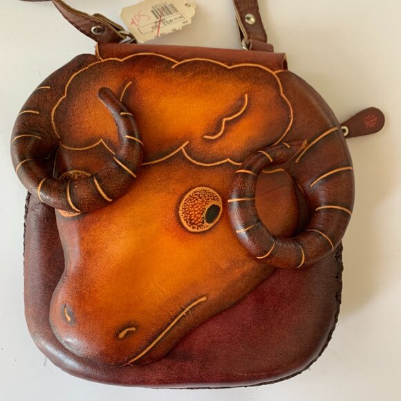 HAND MADE EMBOSSED GENUINE LEATHER GOAT RAM (CAPRICORN) CROSSBODY PURSE HANDBAG - Picture 7 of 10